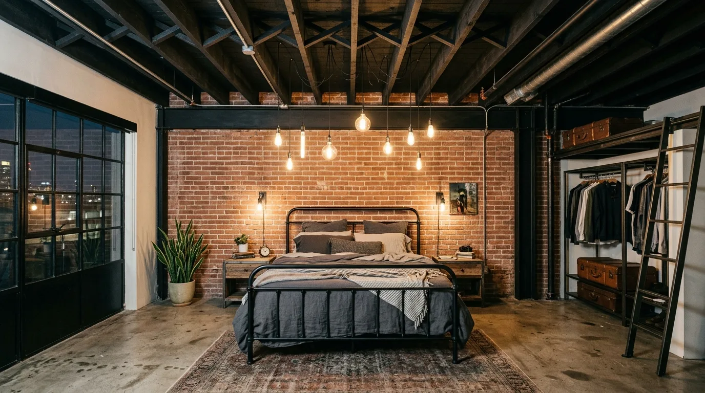 Black ceiling and matching window frames in a dramatic cohesive bedroom.
