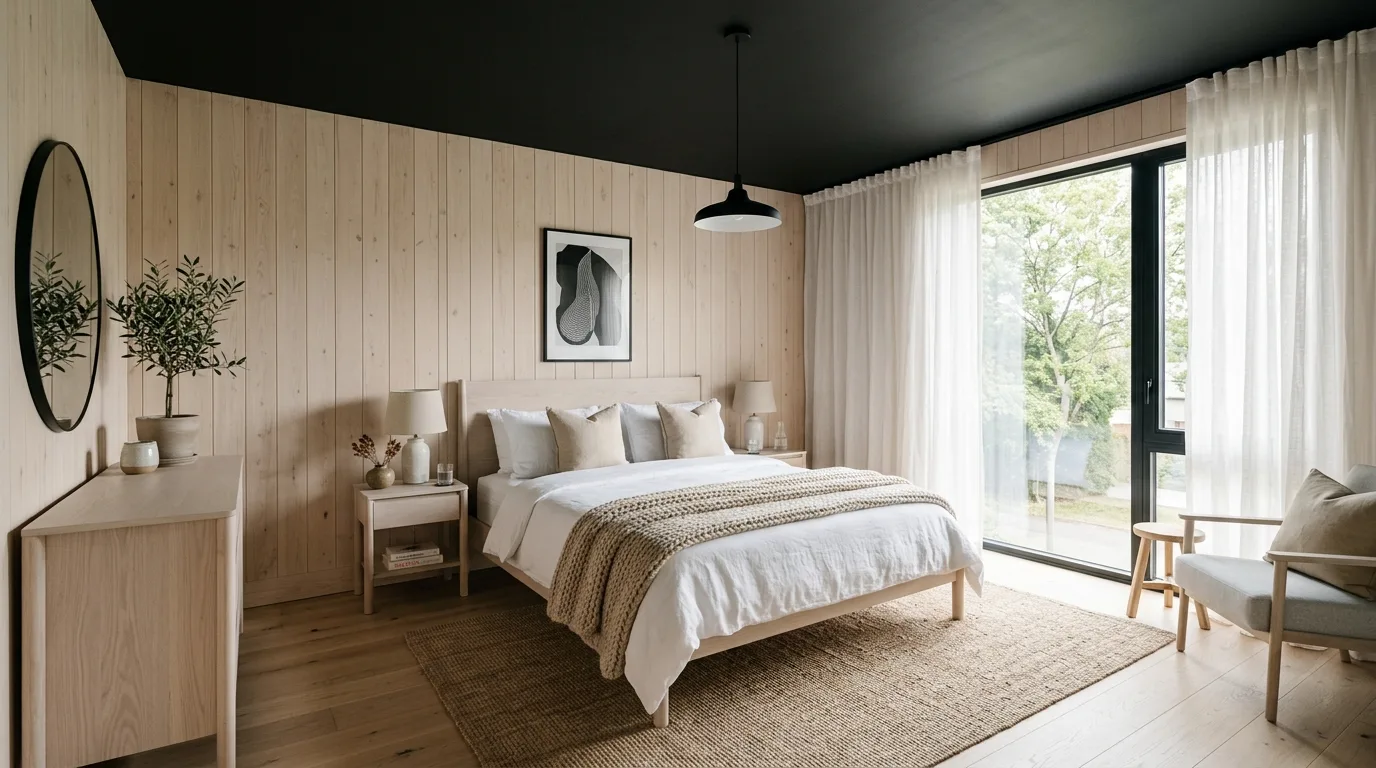 Black ceiling in a high bedroom adding drama and visual intimacy.