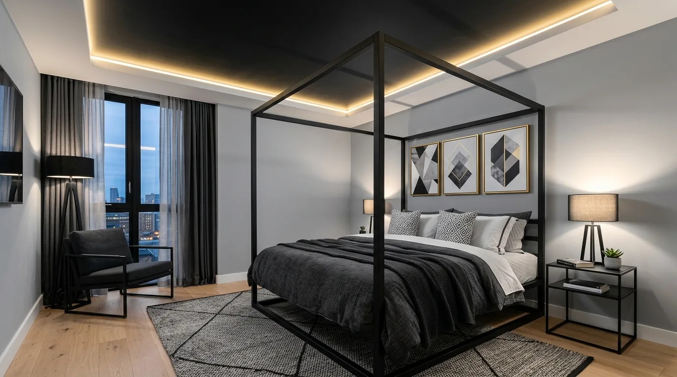 Black ceiling with brass light fixtures in a warm dramatic bedroom.