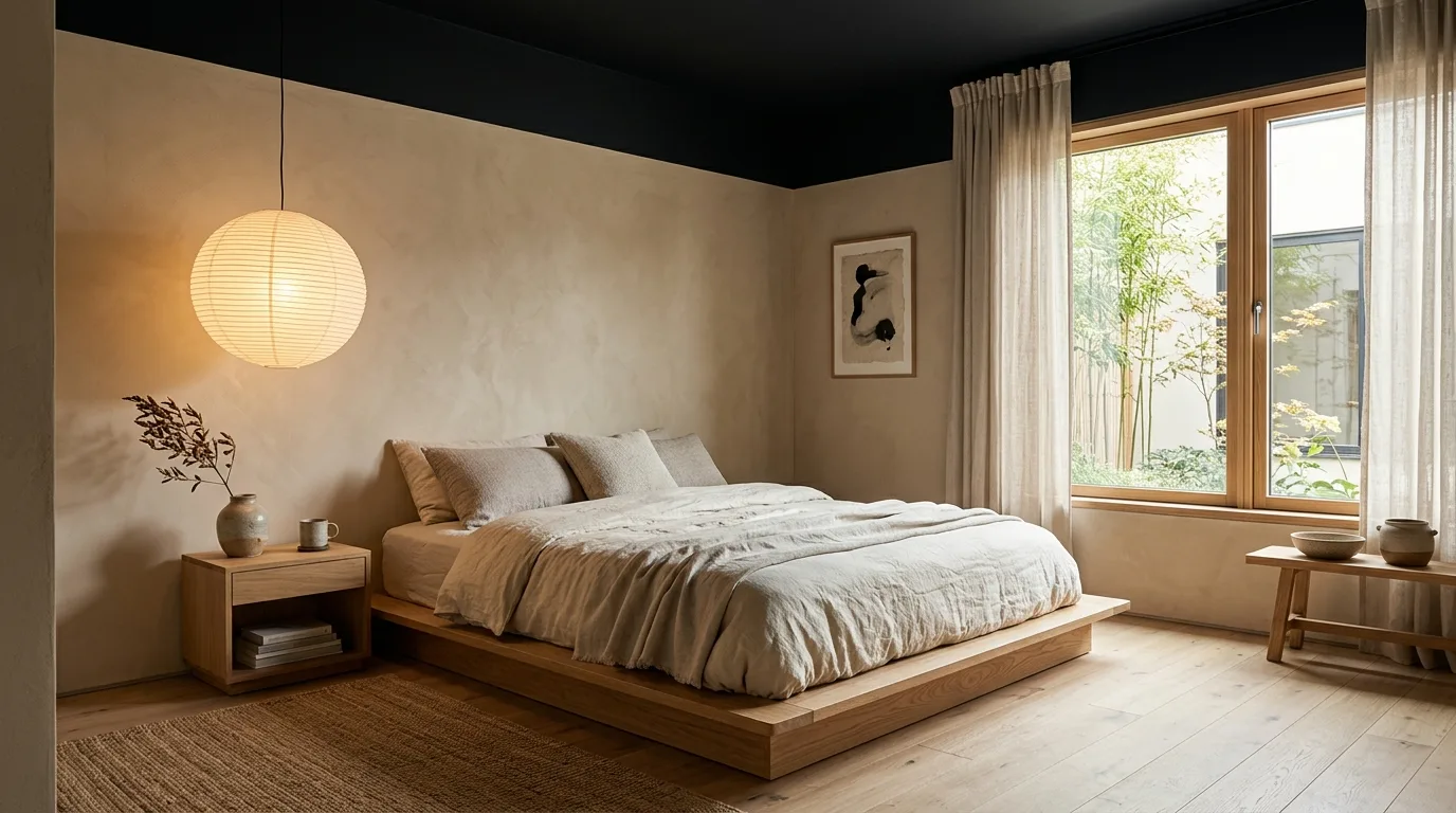 Black ceiling in a neutral bedroom palette with calm dramatic balance.