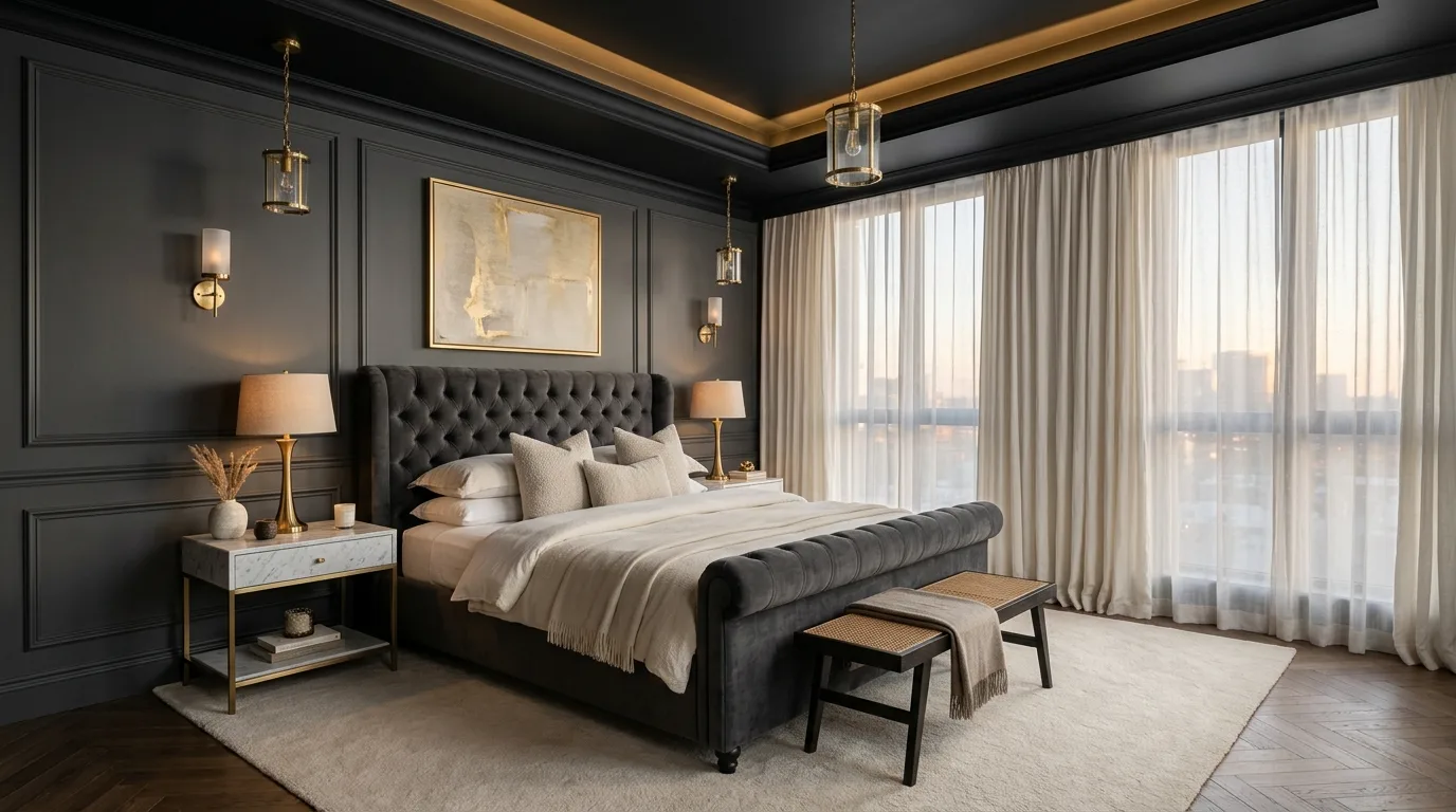 Black ceiling framing exposed beams in an architectural bedroom.
