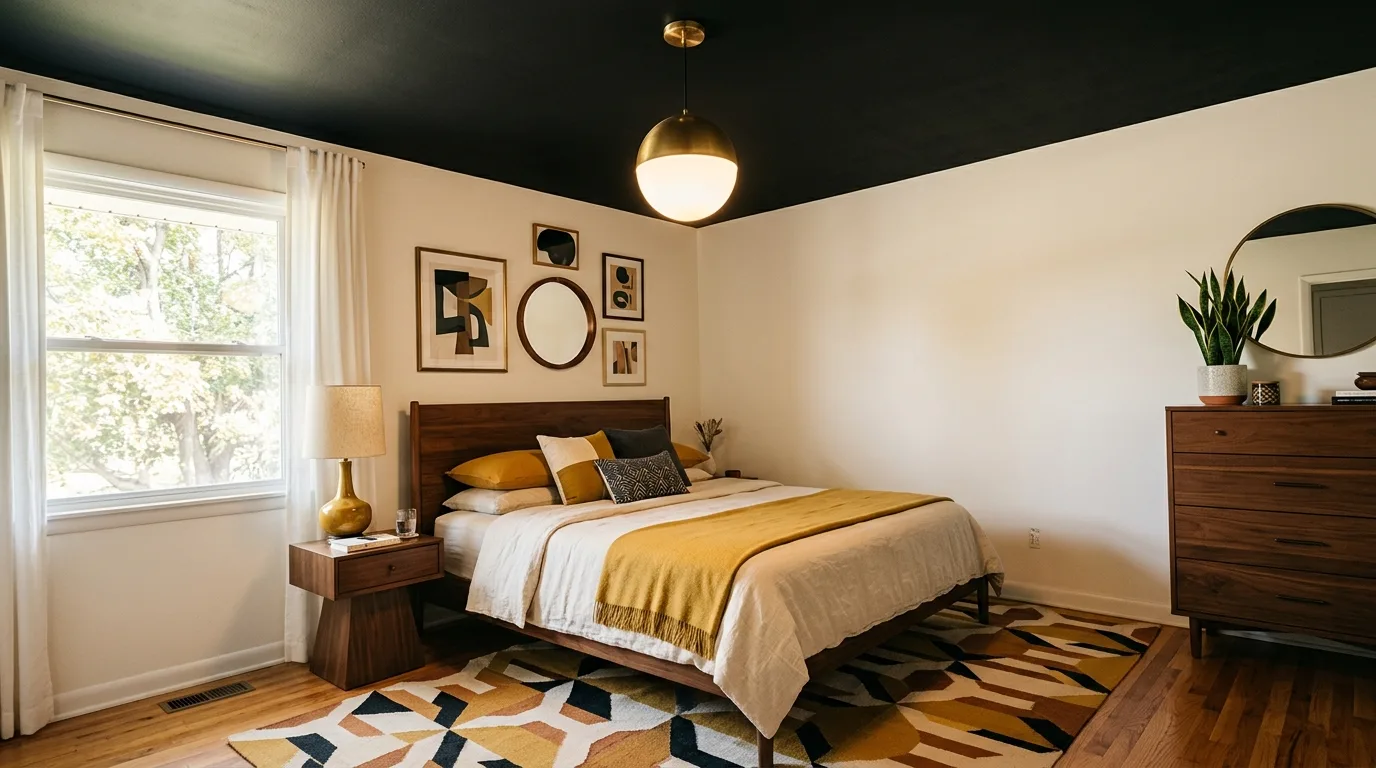 Black ceiling with soft grey walls in a layered moody bedroom.
