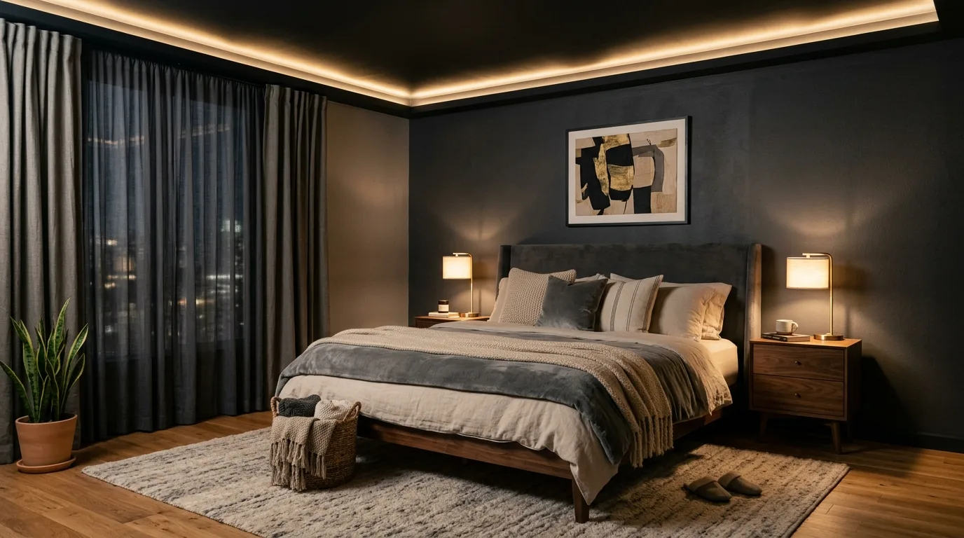 Black ceiling with minimal modern furniture in a sleek dramatic bedroom.