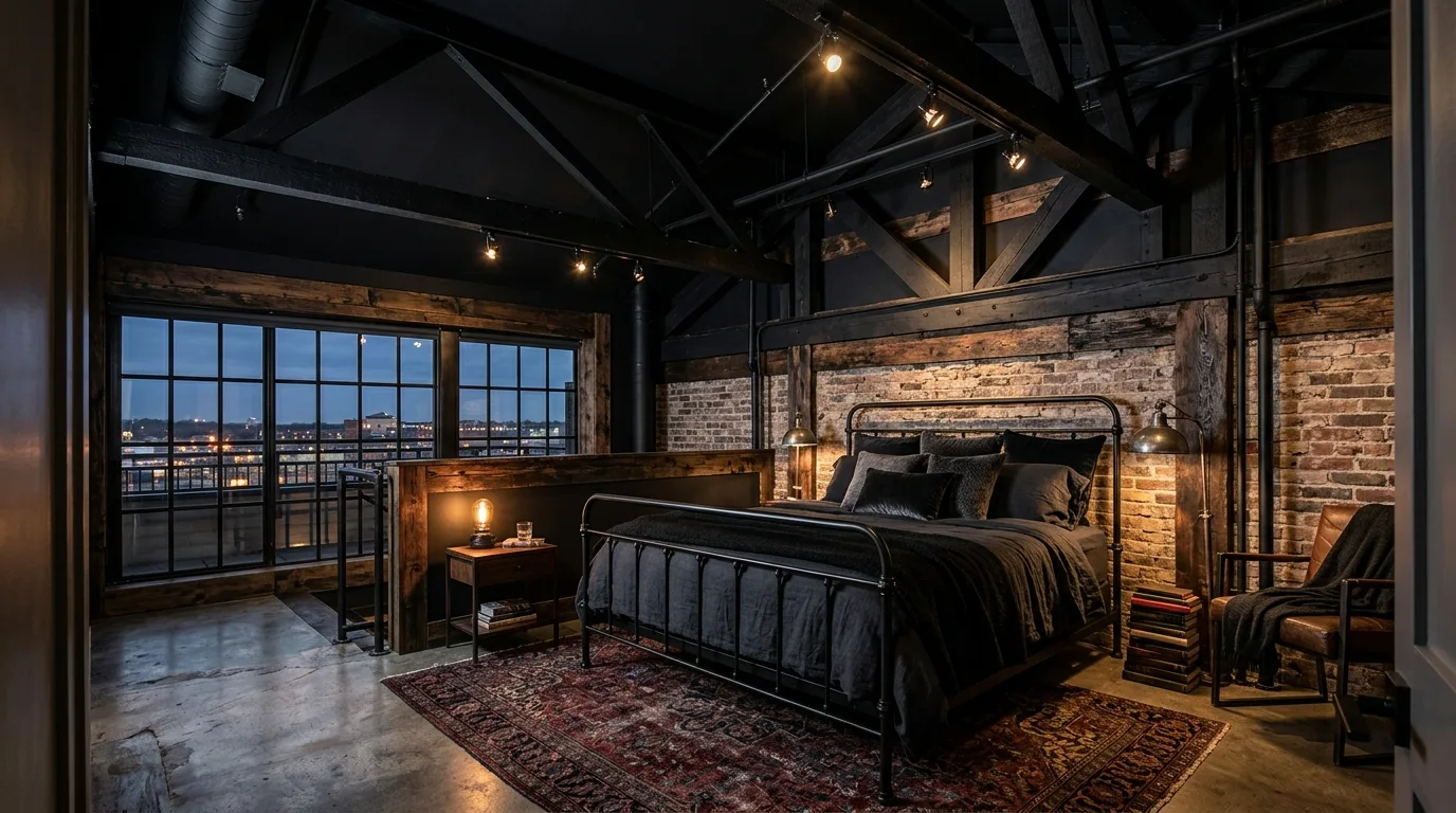 Warm light making a black ceiling glow in a cozy dramatic bedroom.