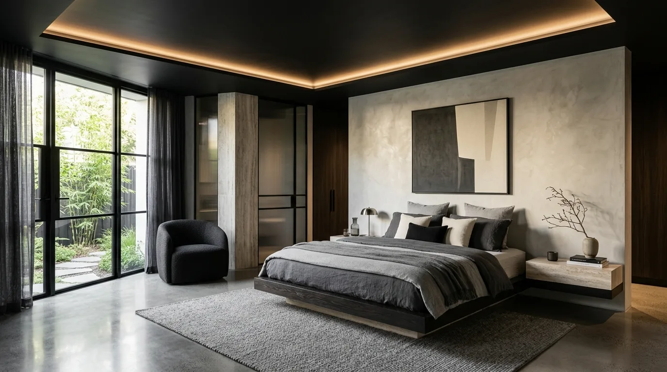 Black ceiling that feels architectural and beautiful in a balanced bedroom.