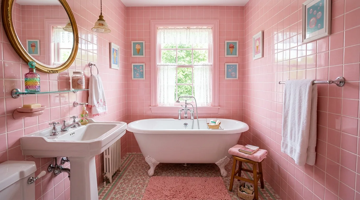 Sweet Baby Pink Bathroom Ideas for a Nostalgic Candy Coated Look in a thoughtfully styled bathroom.