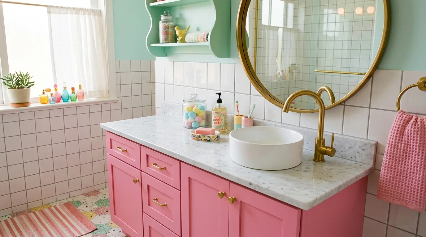 pair it with finishes that support the mood in a bathroom inspired by sweet baby pink nostalgic.
