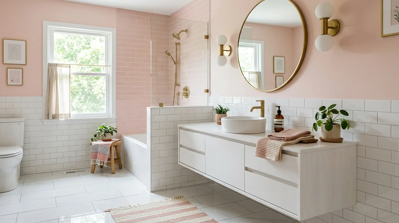 keep fixtures and lines thoughtful in a bathroom inspired by sweet baby pink nostalgic.