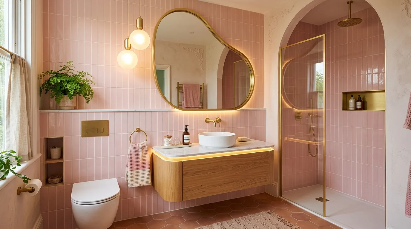 let the room feel personal and restful in a bathroom inspired by sweet baby pink nostalgic.