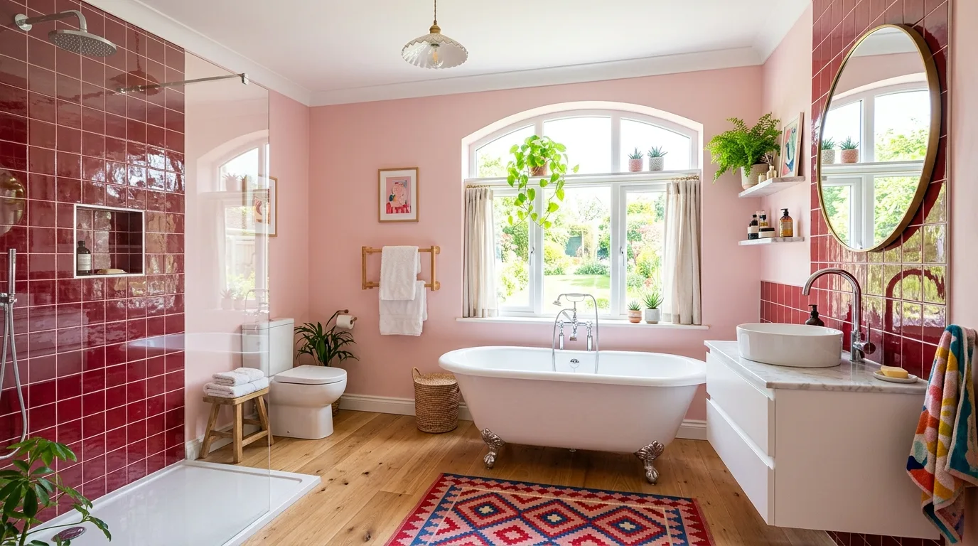 Sweet red and pink bathroom with playful colorful style.