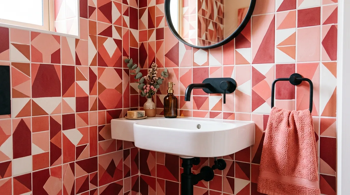 Crisp white balancing a red and pink bathroom.