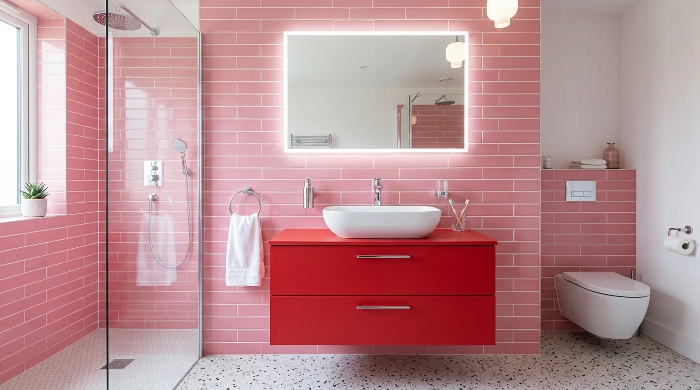 Soft gold accents warming a red and pink bathroom.