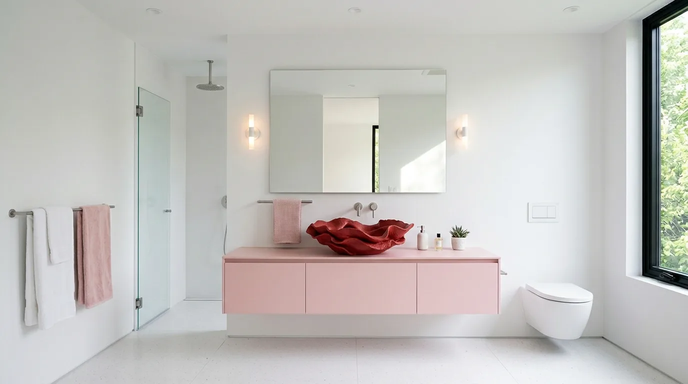 Pattern used sparingly in a red and pink bathroom.
