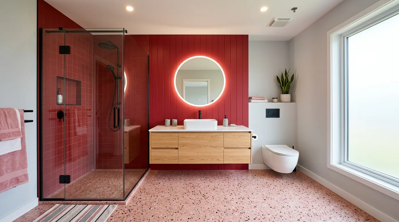 Natural texture balancing a sweet red and pink bathroom.