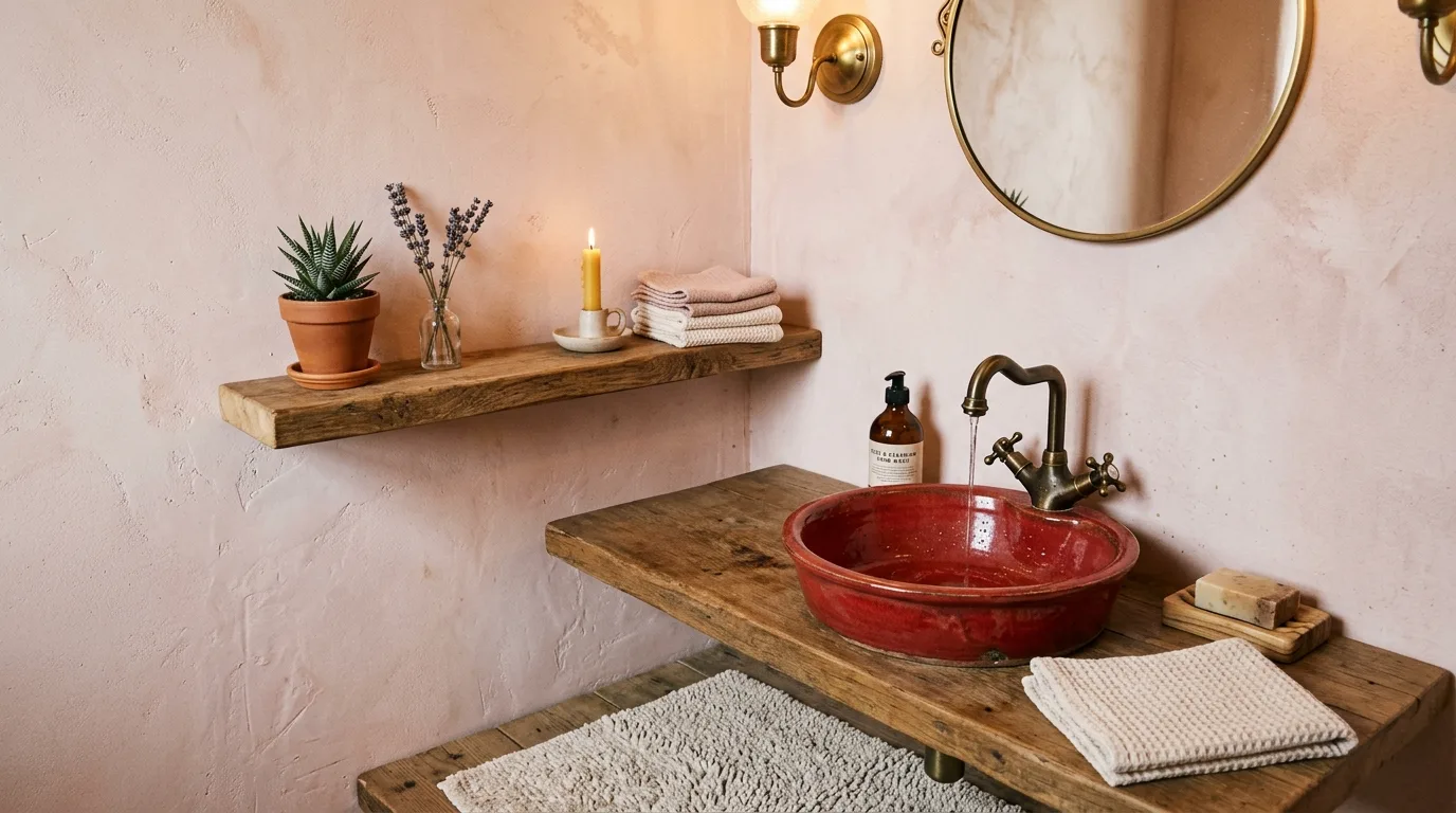 Light happy accessories in a red and pink bathroom.