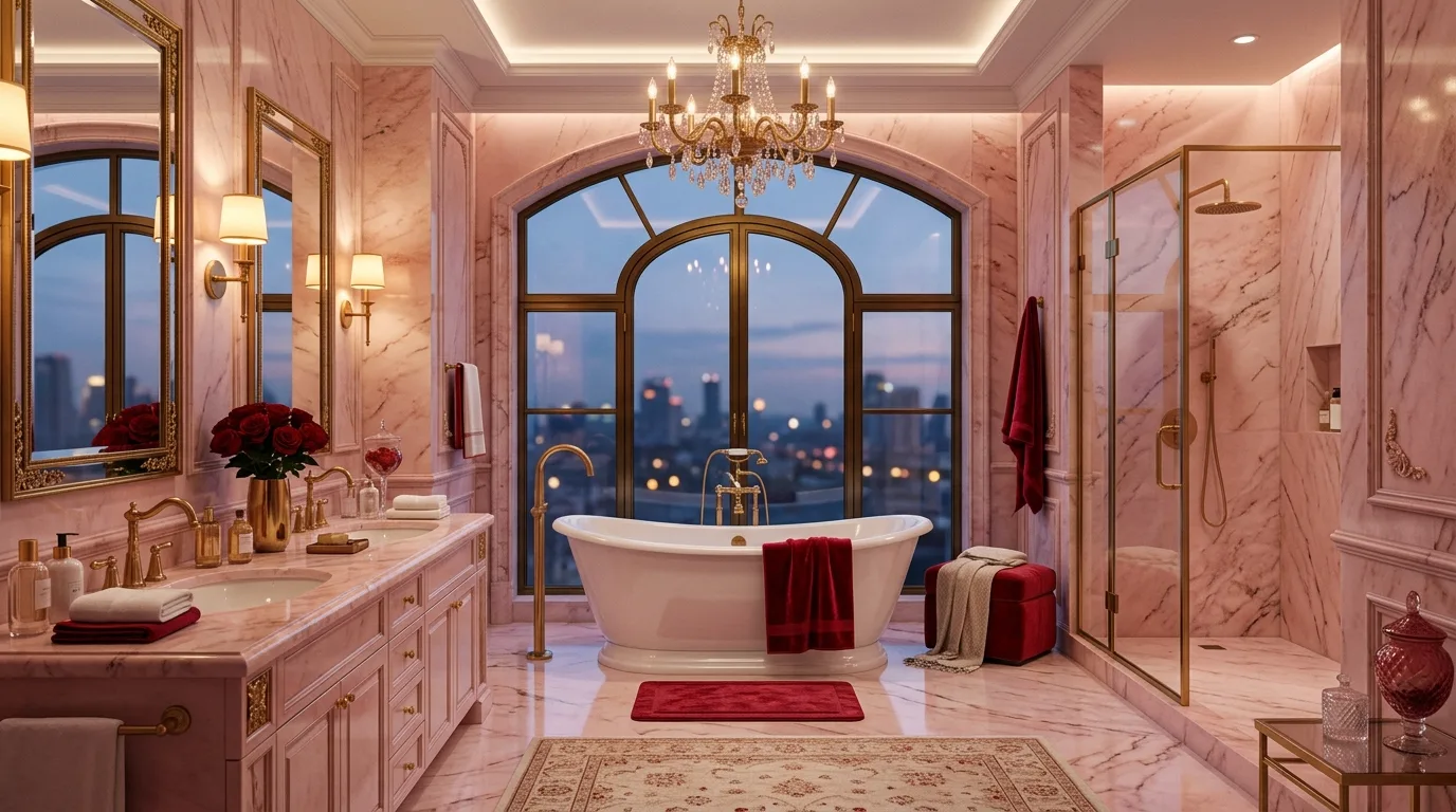 Fresh lighting in a playful red and pink bathroom.