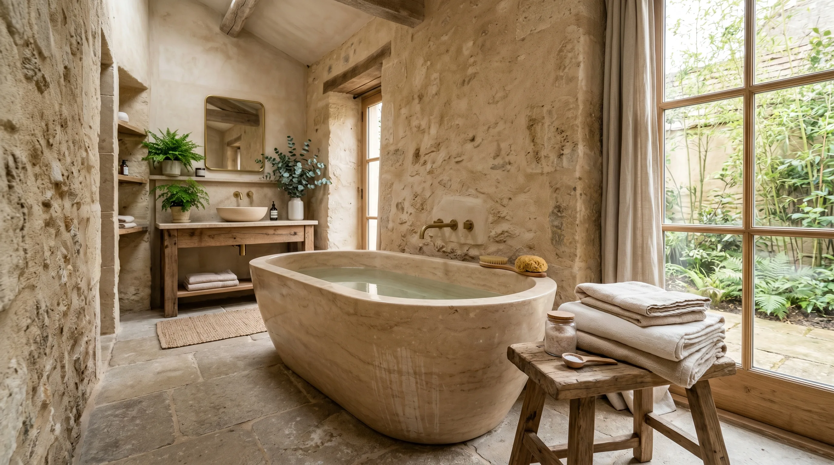 Textured natural stone bathroom designed as an organic oasis.