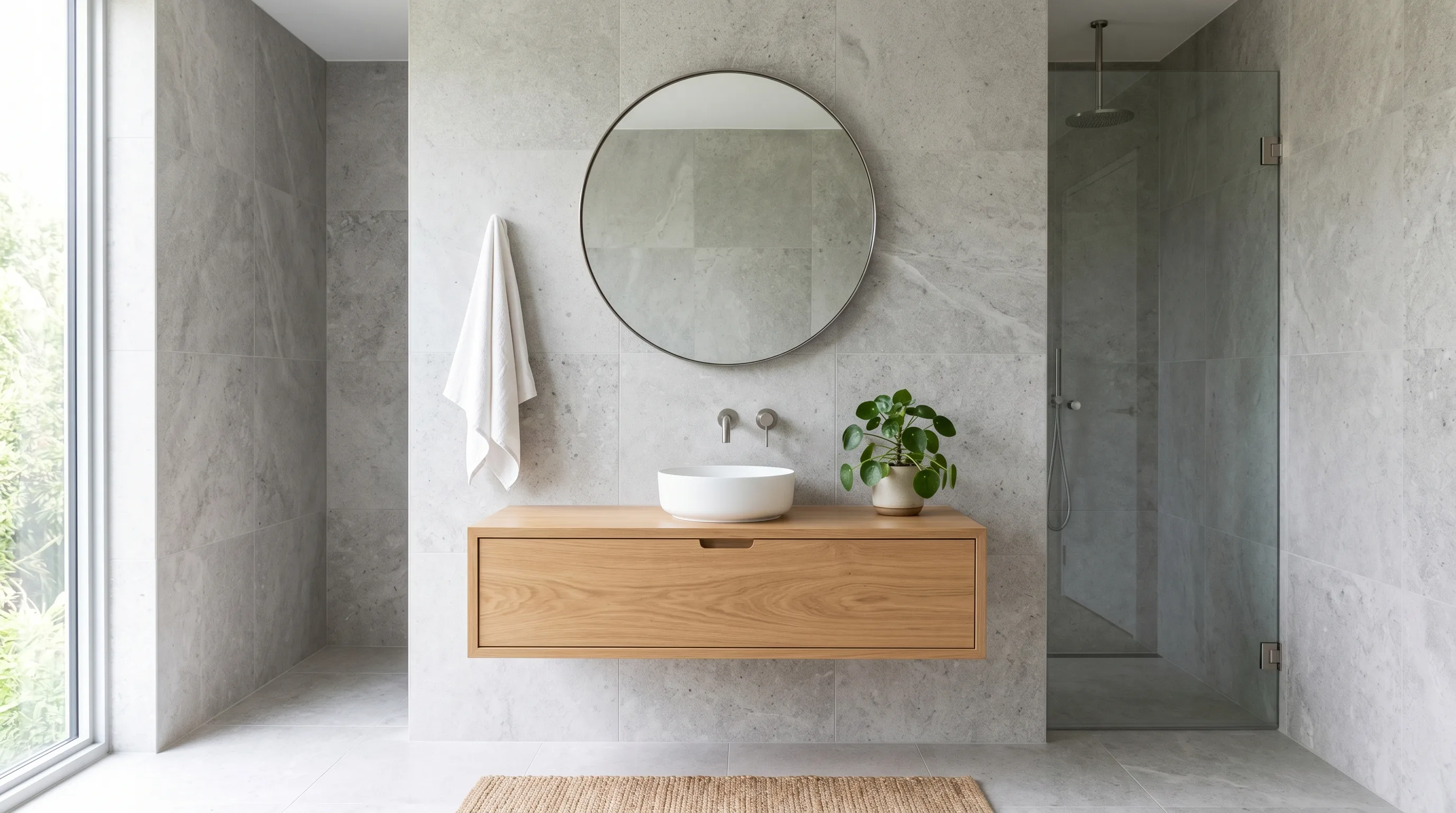 Warm wood paired with textured natural stone walls.