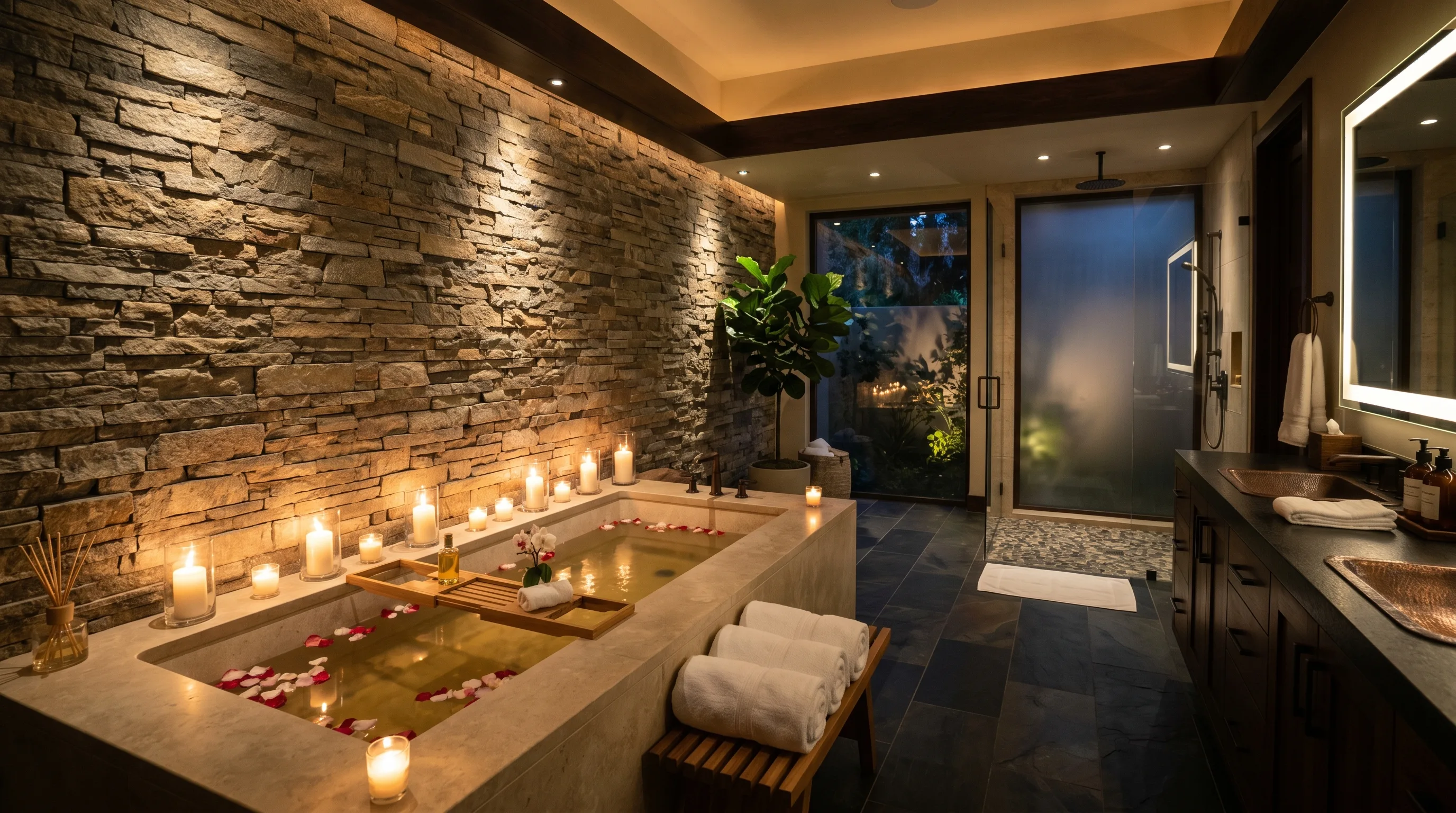Soft lighting highlighting texture in a natural stone bathroom.