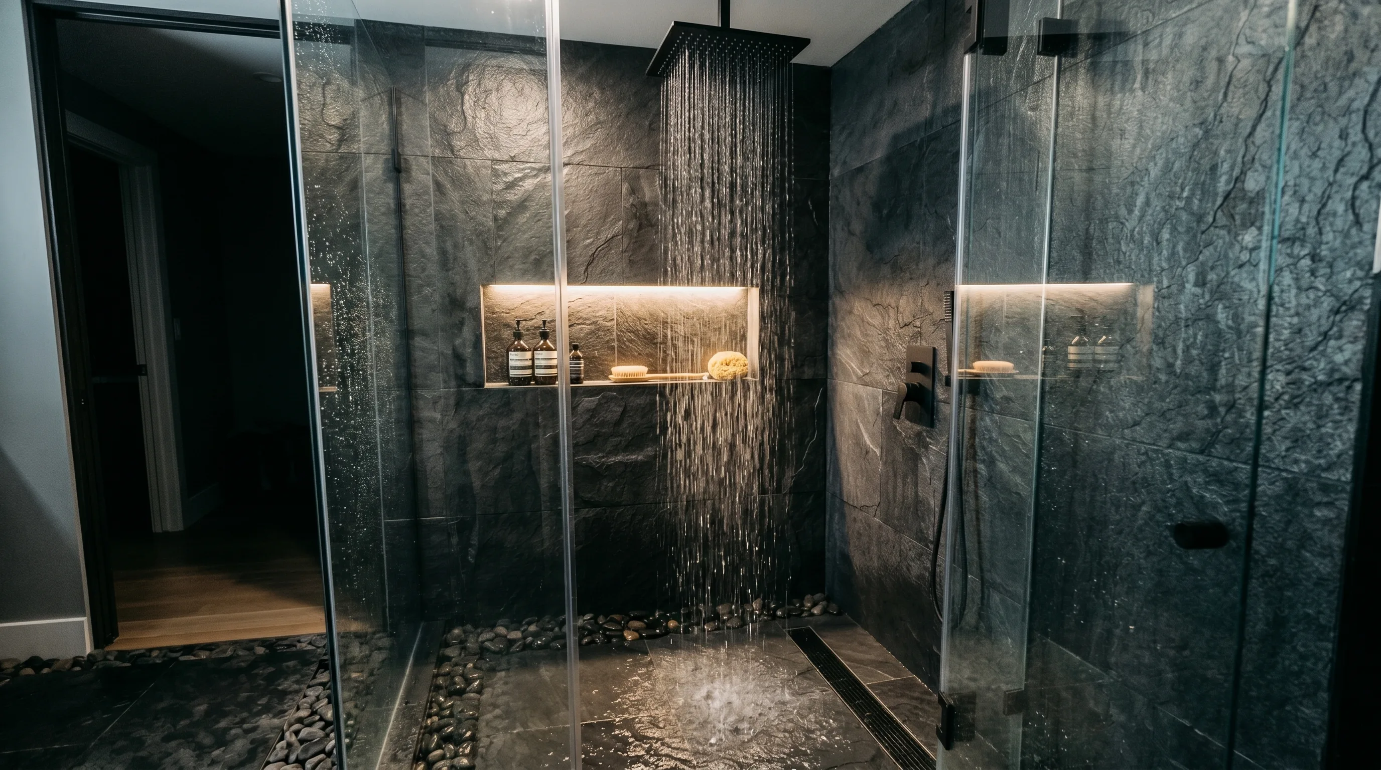 Earthy tones supporting a textured natural stone bathroom.