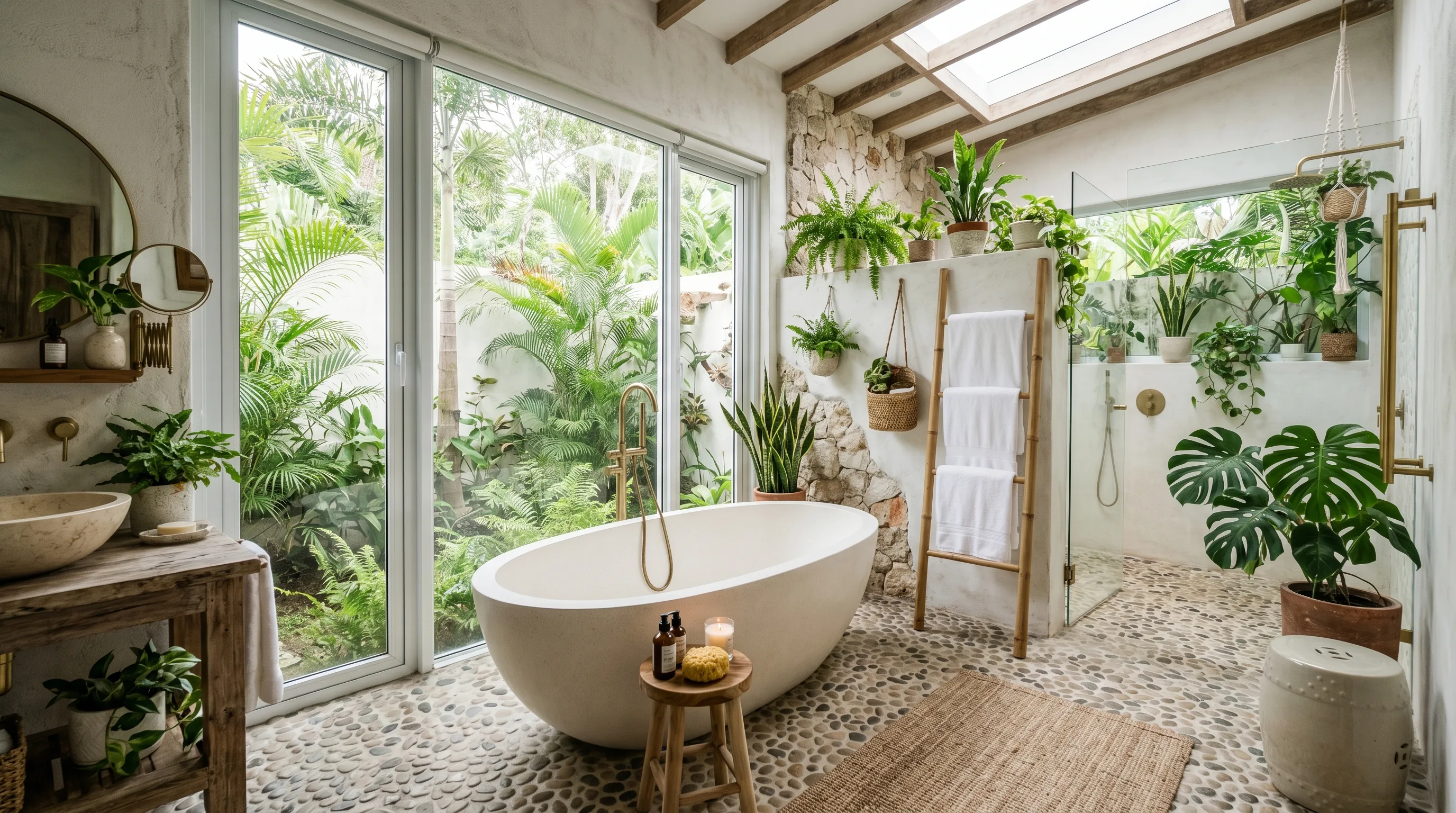 Sculptural tub placed against textured natural stone.