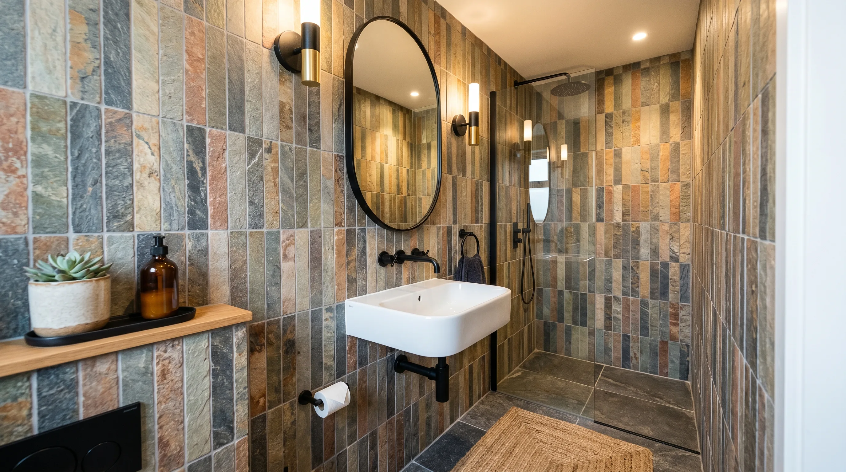 Minimal hardware in a textured natural stone bathroom.