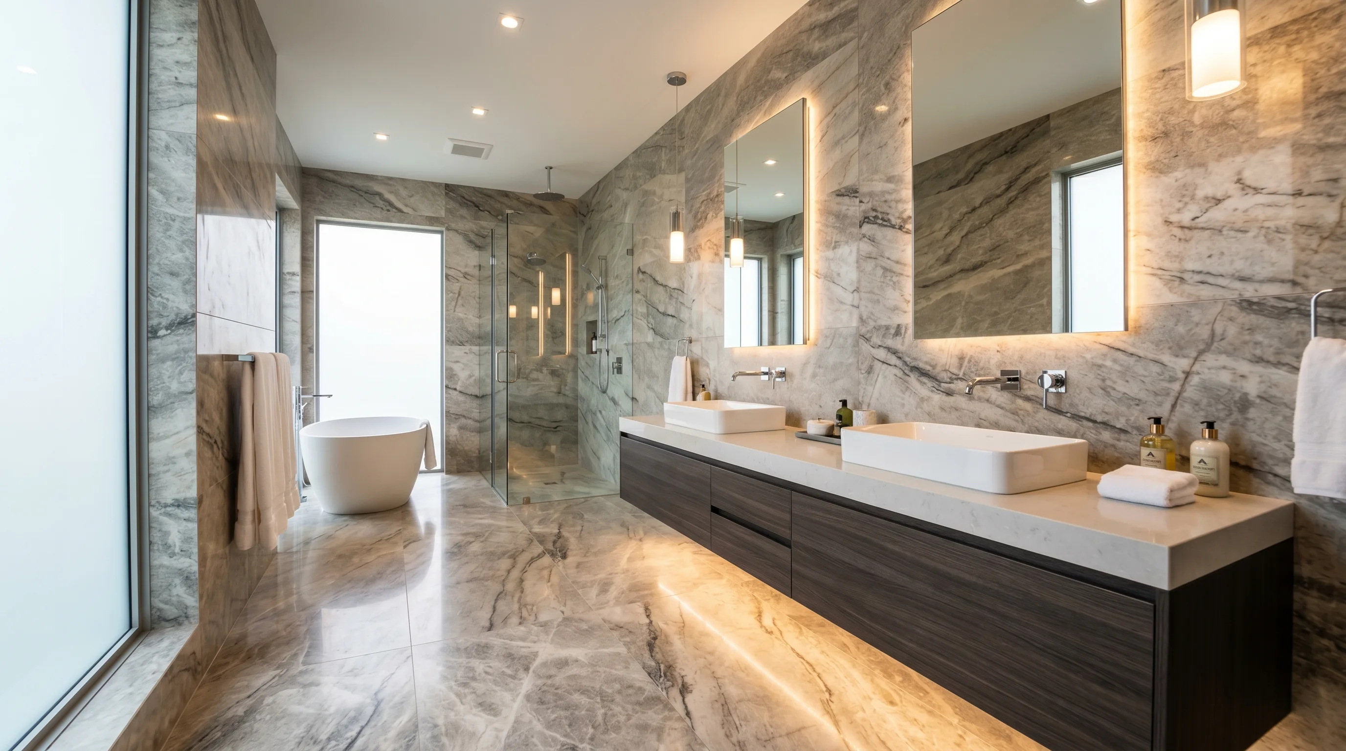 Natural stone bathroom blending indoor and outdoor energy.