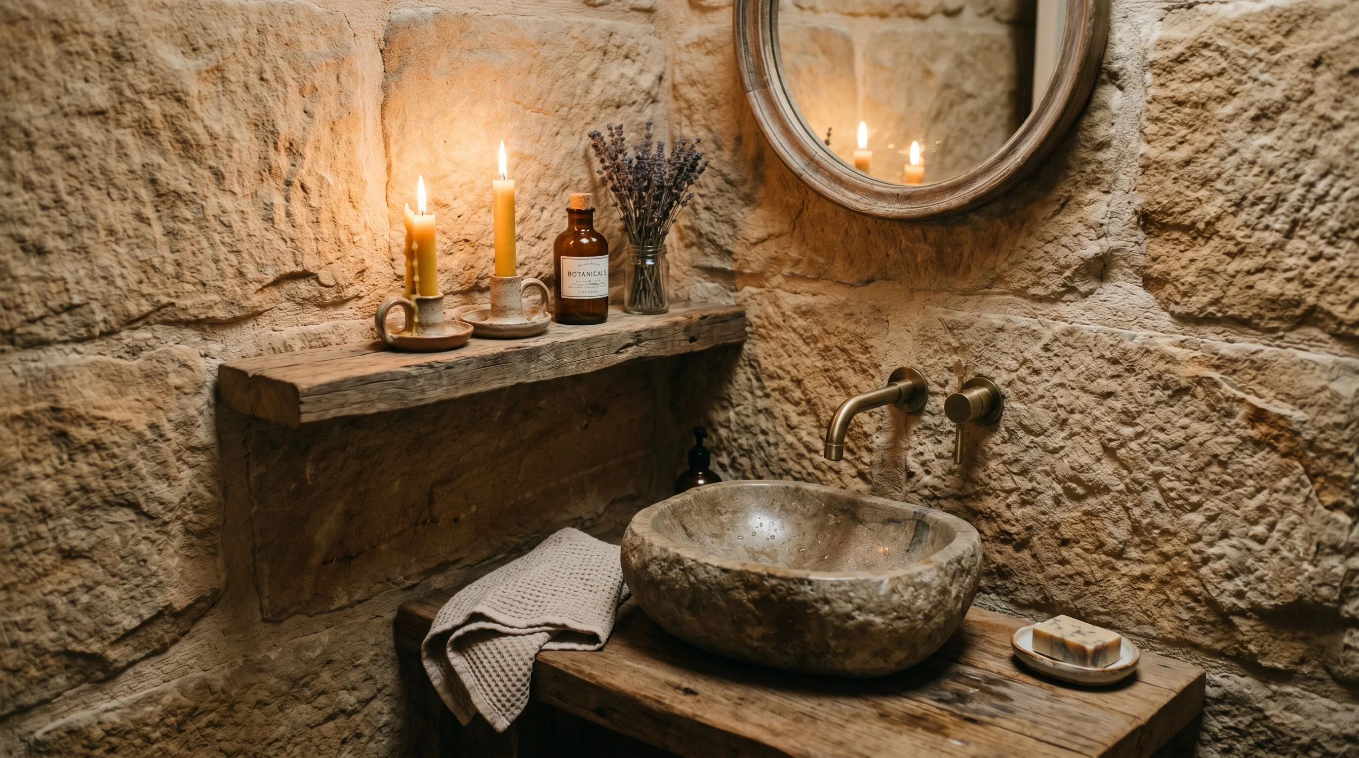 Layered neutrals warming a textured natural stone bathroom.