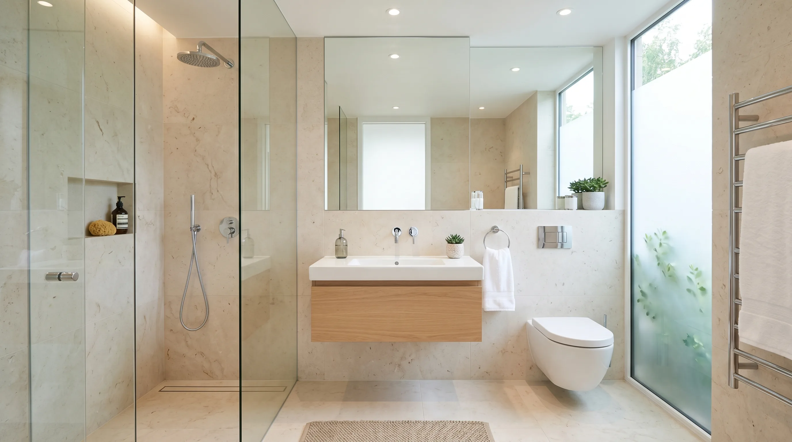 Textured natural stone bathroom feeling like an organic retreat.
