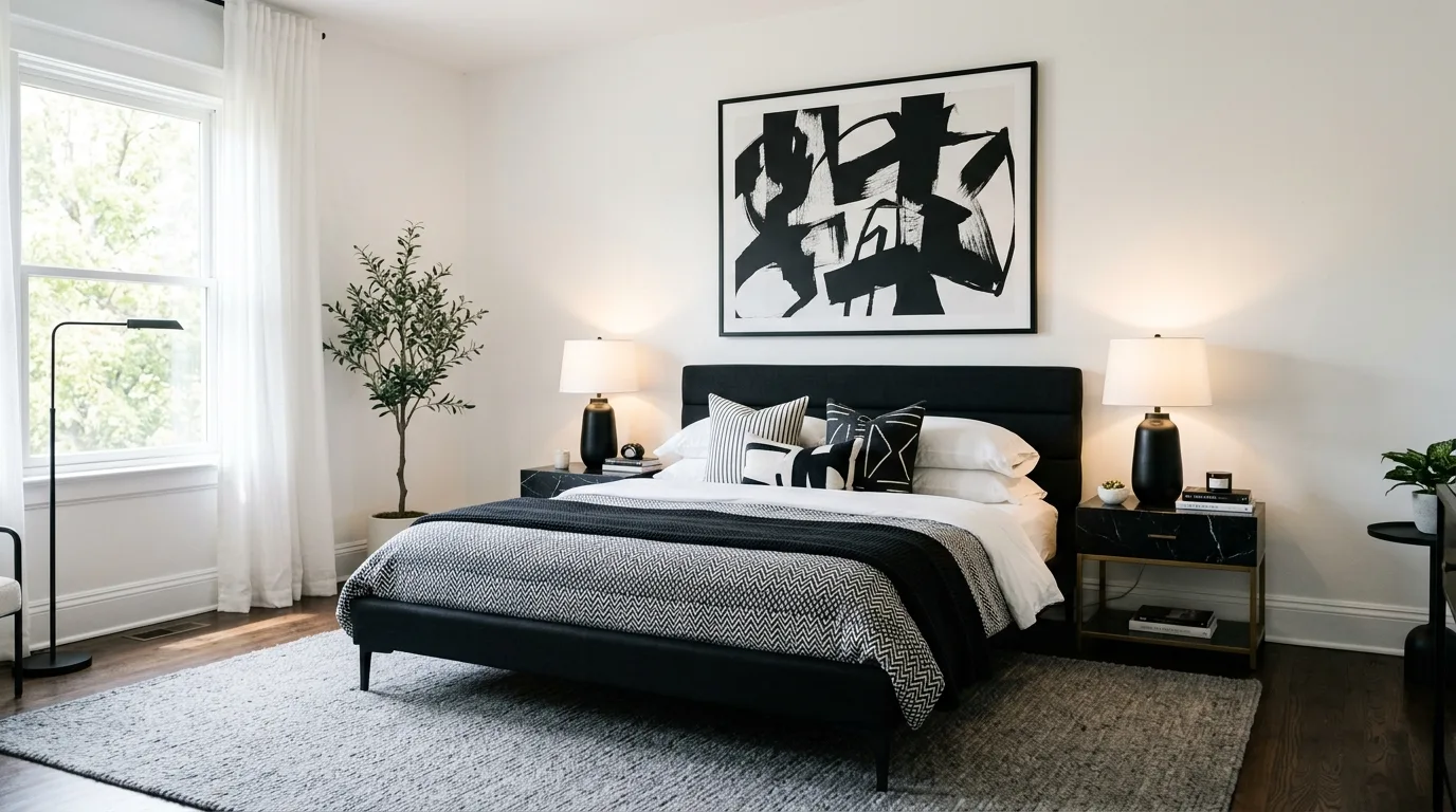 Timeless black and white bedroom with crisp contrast and elegant layered styling.