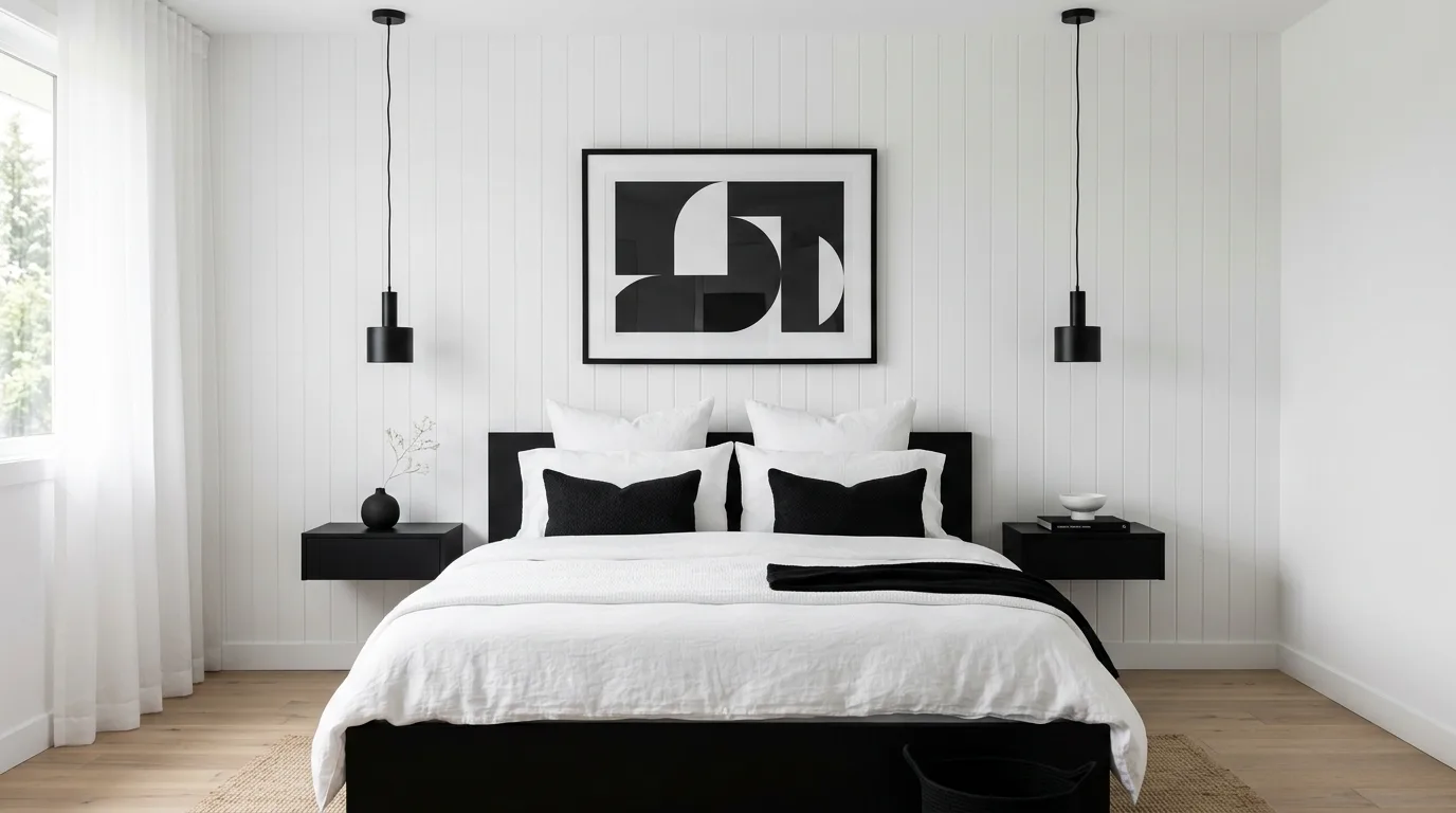 Black bed frame in an airy white bedroom with clean classic styling.