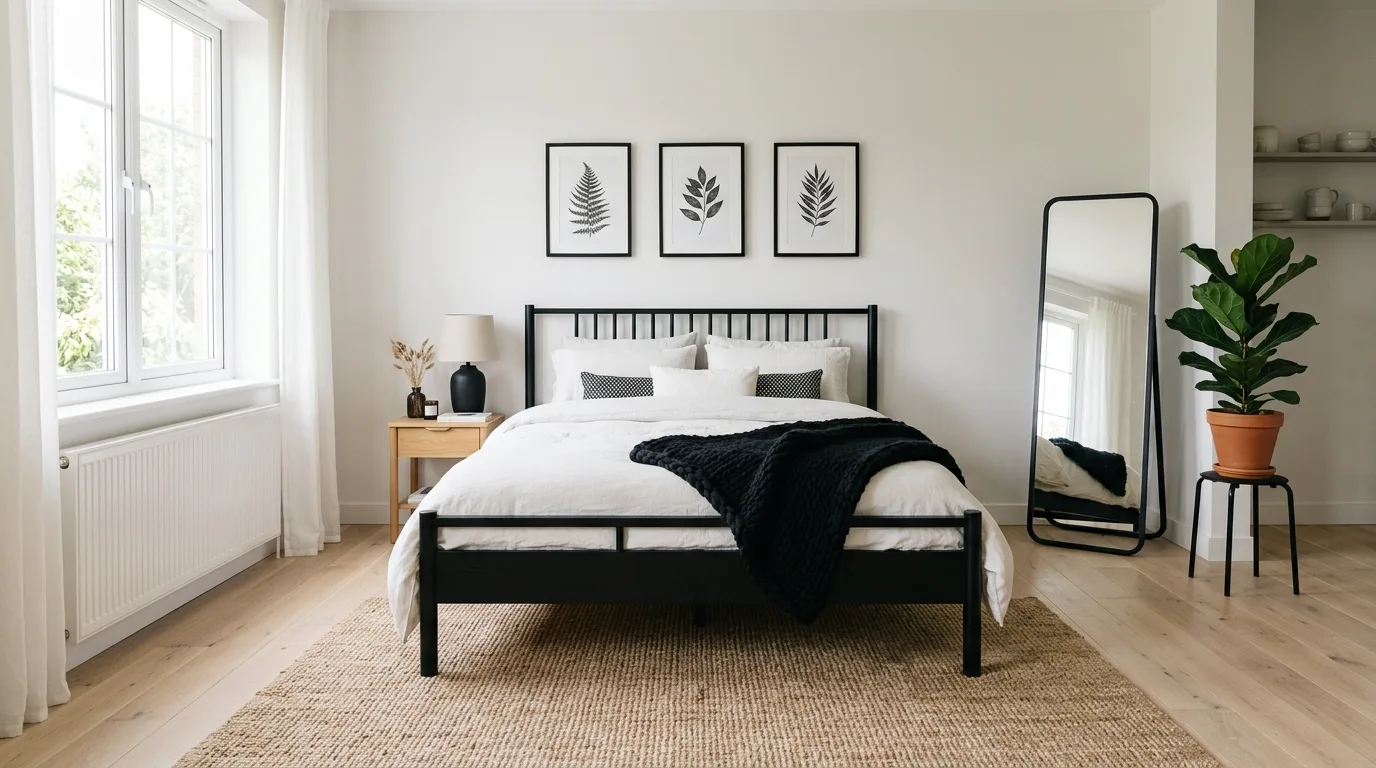 Black and white striped textiles with soft bedding in a timeless bedroom.