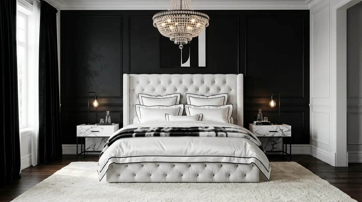 Black wall paneling with warm white bedding in a classic bedroom.