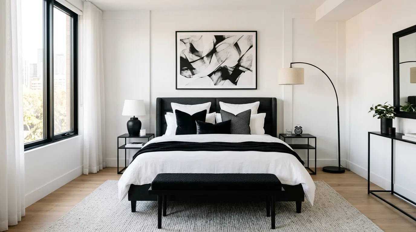 Black and white bedroom softened by subtle grey layers and textiles.