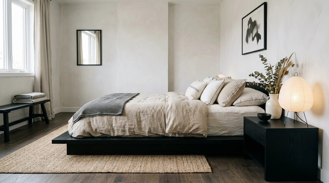 Classic black iron bed with white linen in a timeless bedroom.