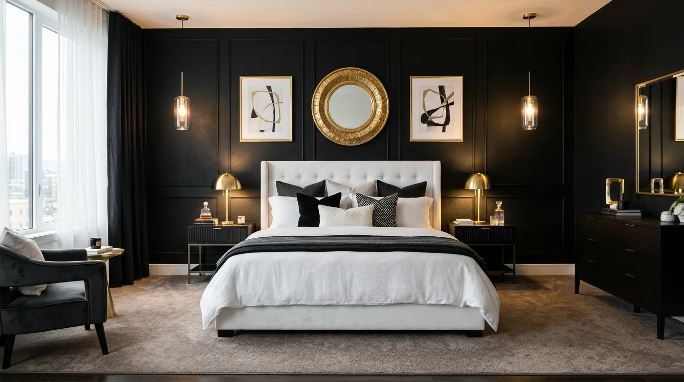 Monochrome bedroom with graphic black and white art above the bed.