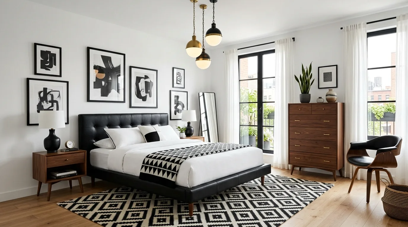 White bedroom with black ceiling detail and elegant monochrome contrast.