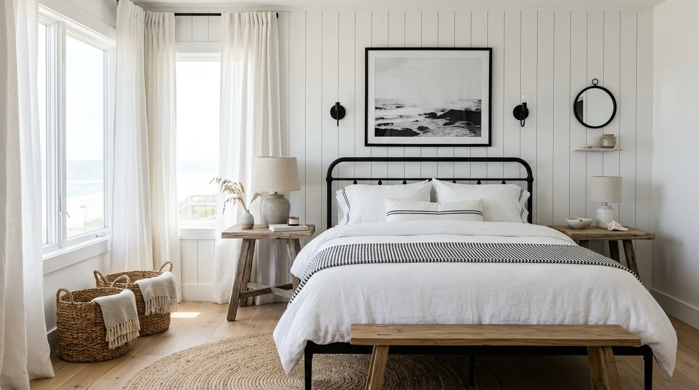 Layered white bedding with black accents in a timeless elegant bedroom.