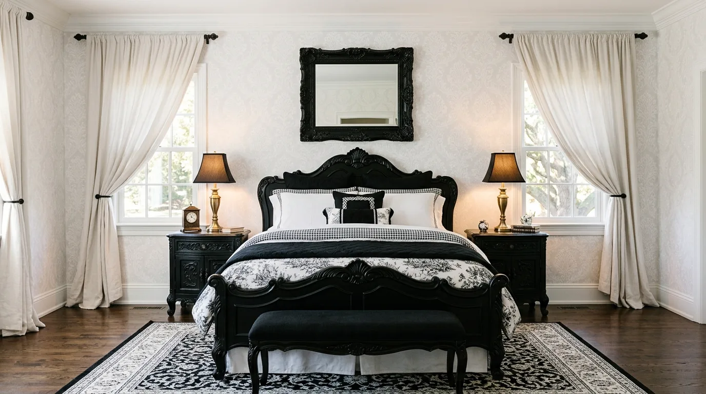 Black and white bedroom with warm wood furniture and balanced contrast.