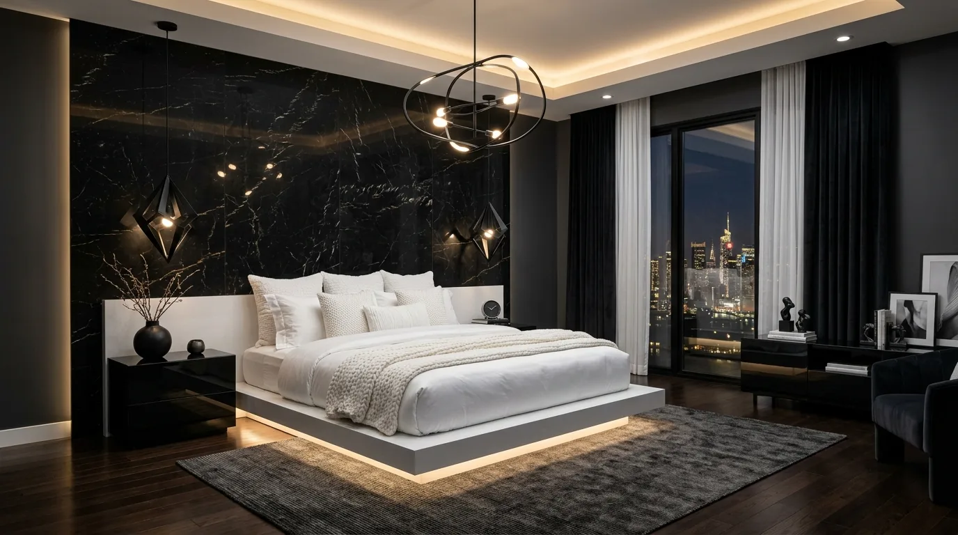 Black upholstered bed in a white bedroom shell with crisp elegant styling.