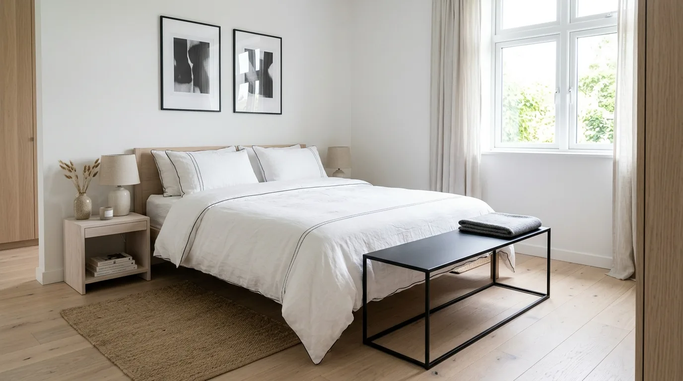 White bedroom with black framed symmetry and classic contrast styling.