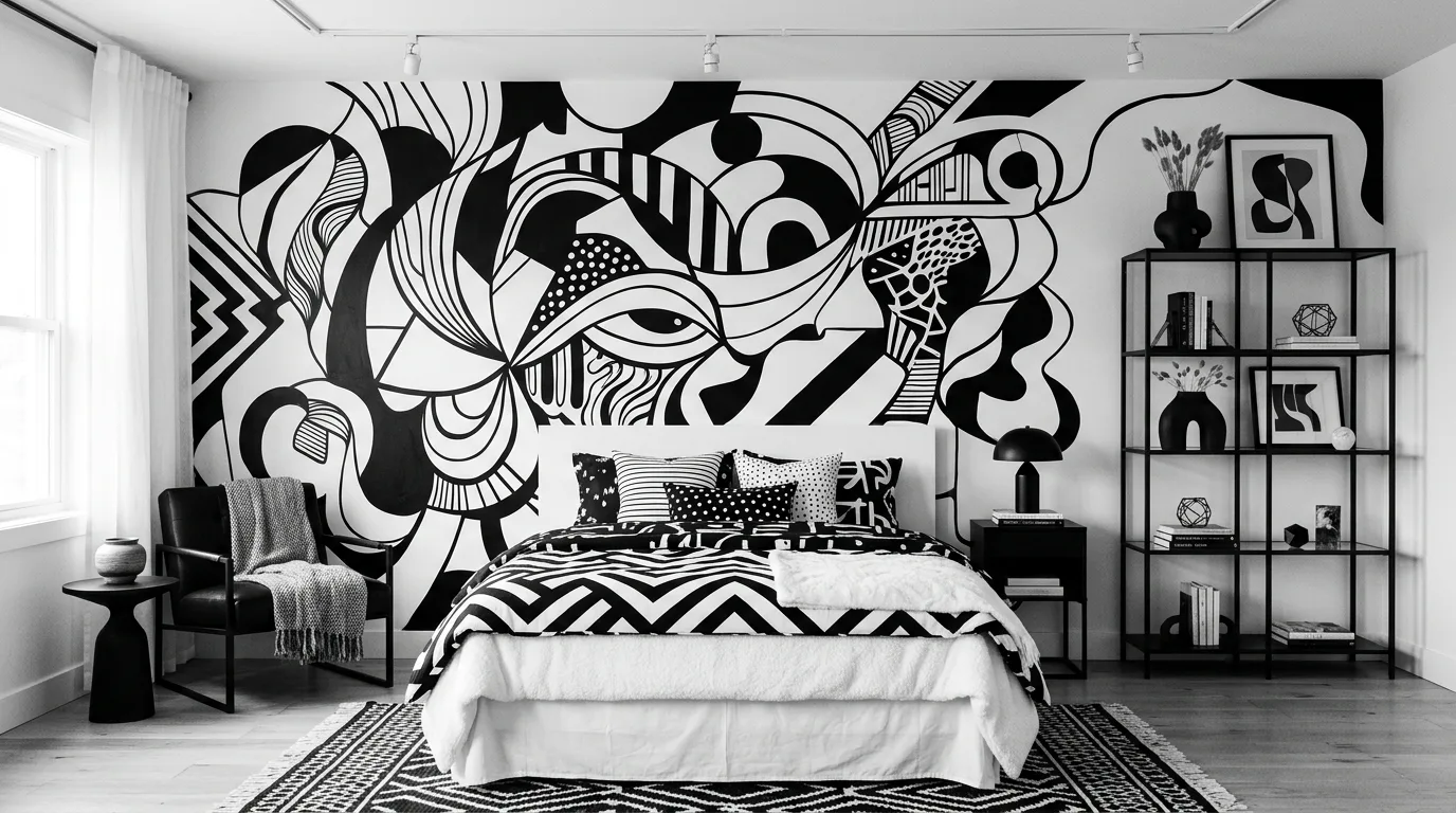 Modern monochrome bedroom with clean edges and crisp black and white contrast.