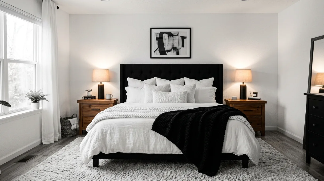 Timeless black and white bedroom with current but classic layered styling.