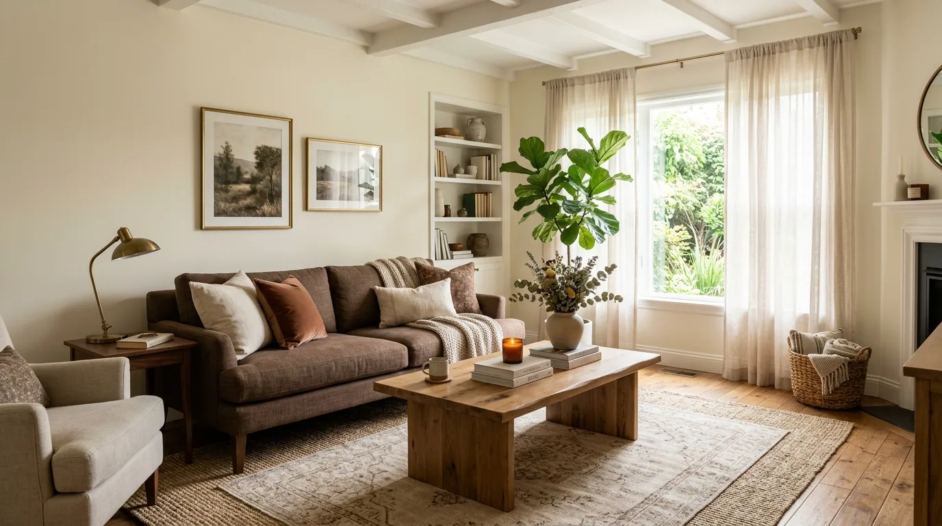 Timeless brown furniture creating warmth and character in a living room.