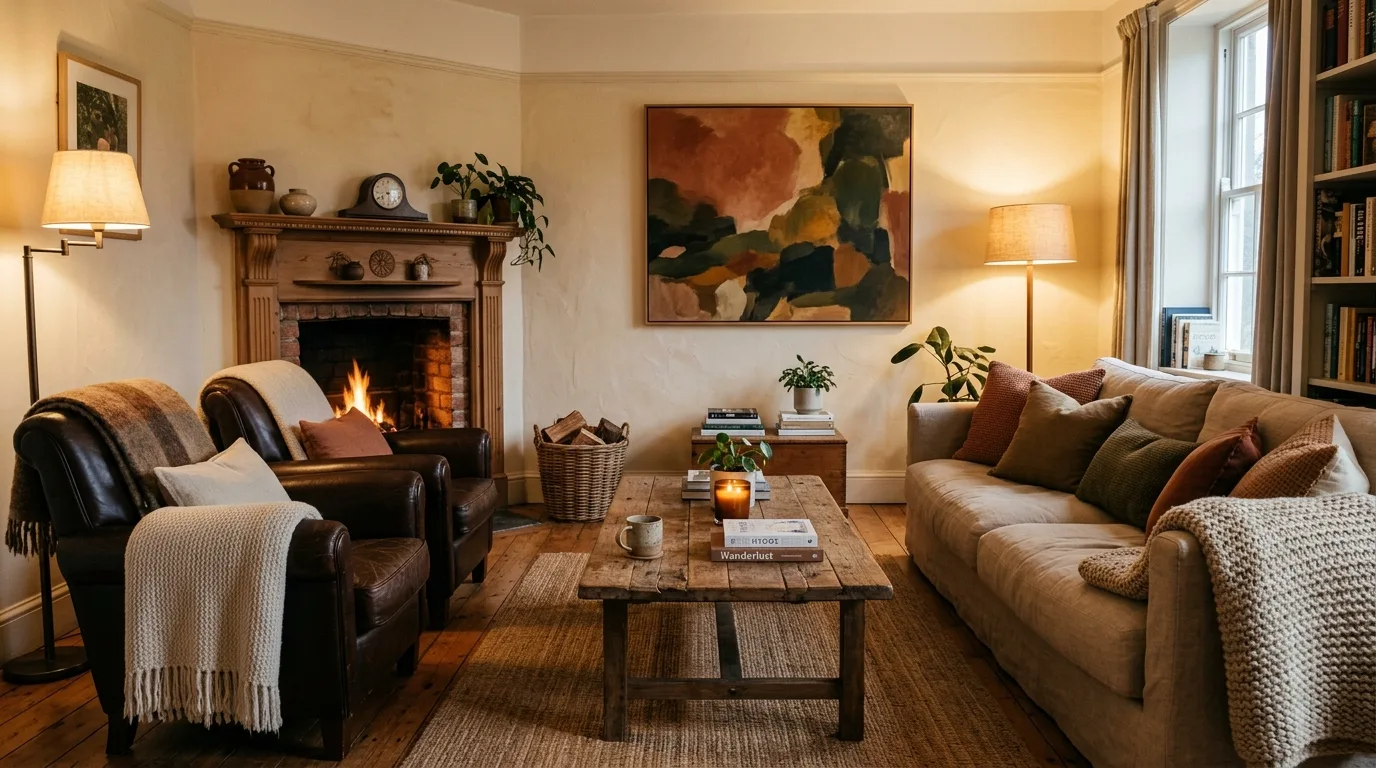 Natural fiber textures softening brown furniture in a living room.