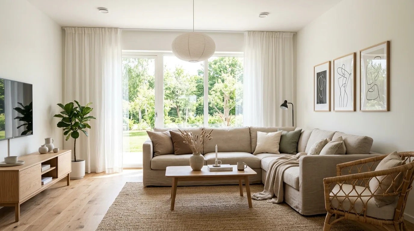 Warm brown furniture paired with cream upholstery in a living room.