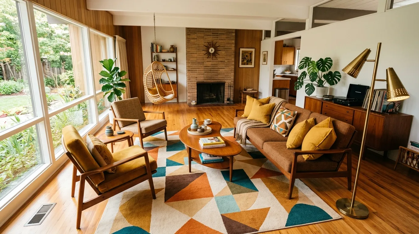 Greenery freshening a living room with timeless brown furniture.