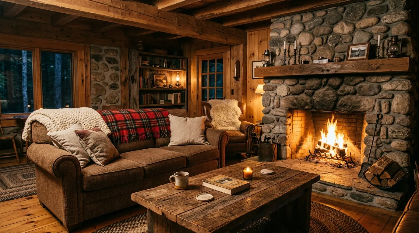 Light rug lifting the look of heavier brown furniture pieces.