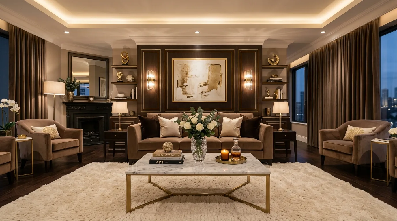 Warm but varied palette around brown living room furniture.