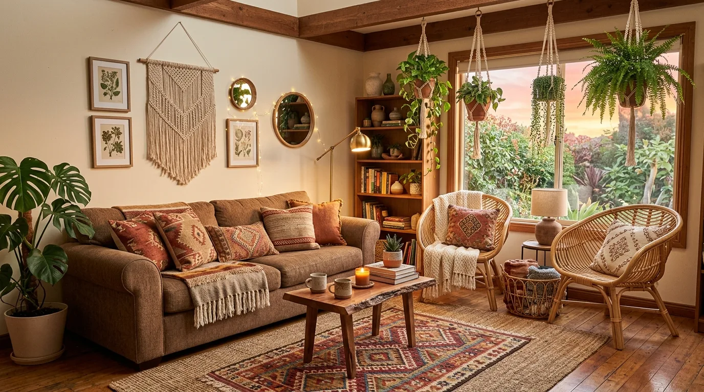 Black accents adding structure around timeless brown furniture.